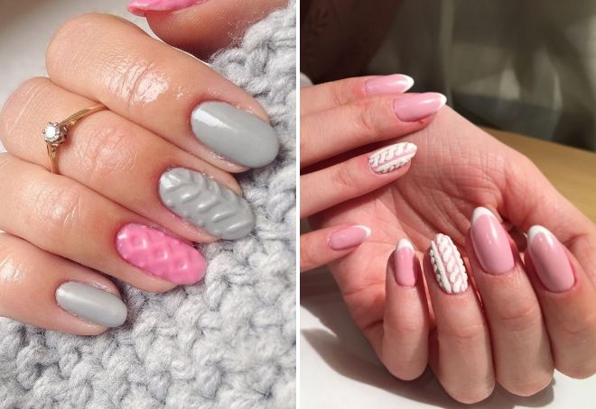 knitted manicure on almond-shaped nails