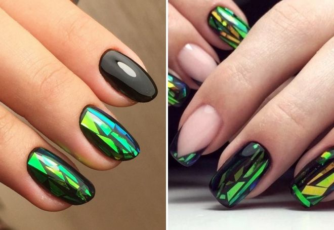 green manicure with broken glass