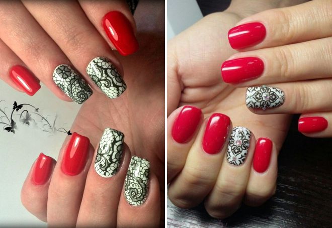 red manicure with lace