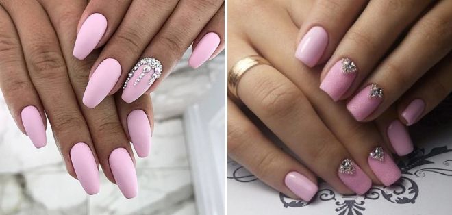 pink manicure 2019 with rhinestones