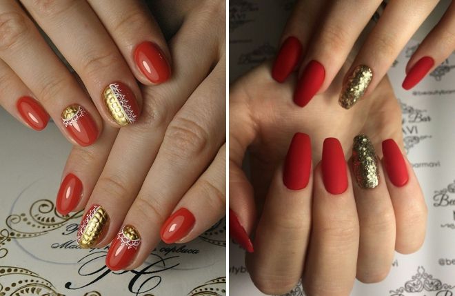 red manicure with gold
