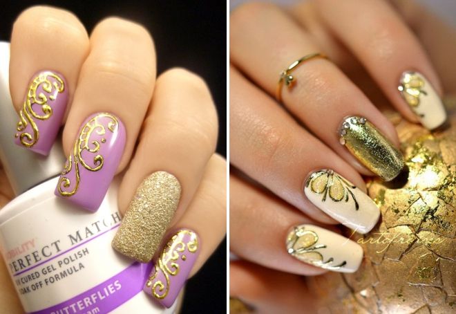golden manicure for long nails