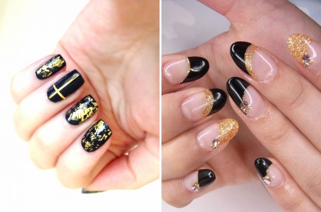 black manicure with gold