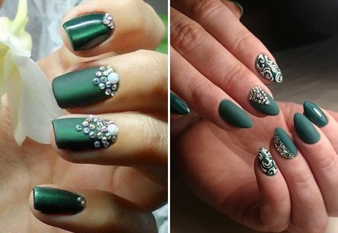green manicure with rhinestones