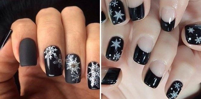 black manicure with snowflakes