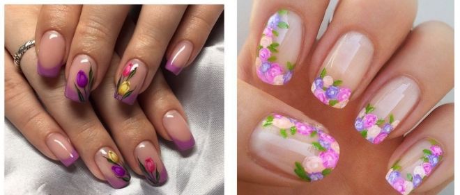 френч с цветами на ногтях