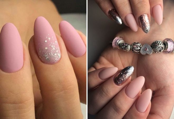 matte nails with sparkles in gentle colors