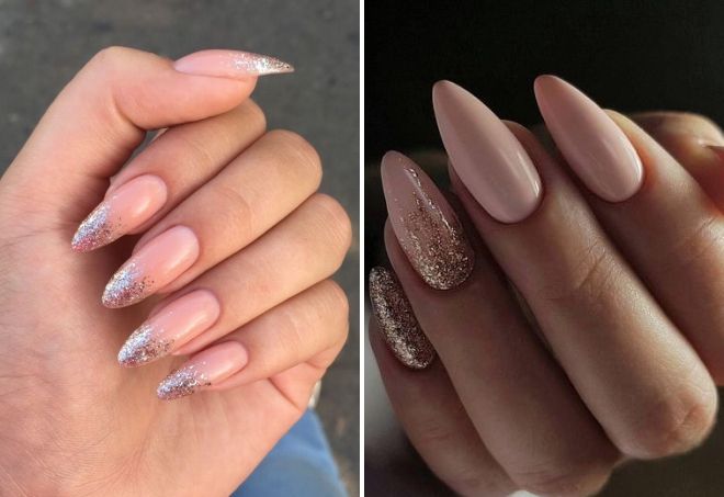 Nude glitter manicure for long nails
