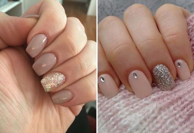 Nude glitter manicure on square nails