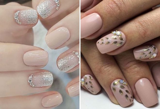 Nude manicure with sparkles and rhinestones