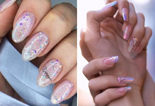 delicate transparent manicure with sparkles