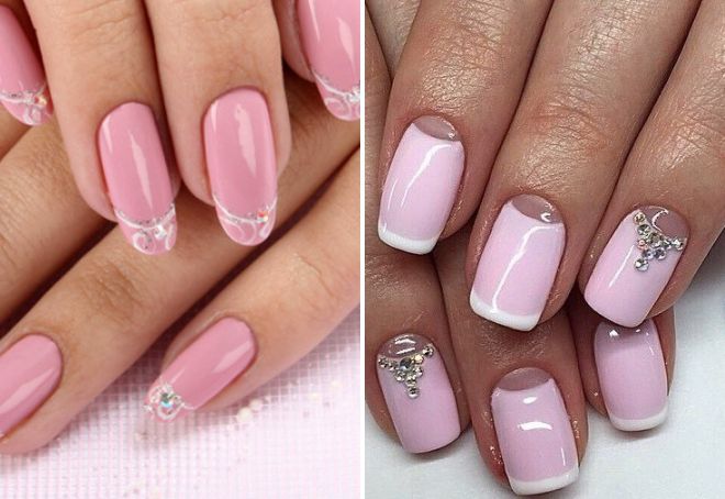 pale pink manicure with rhinestones