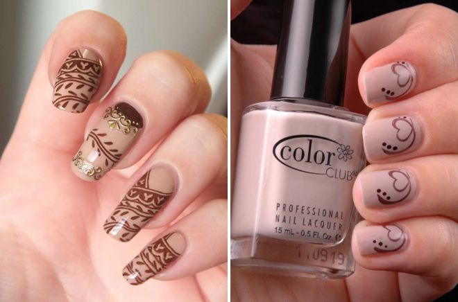 manicure in beige tones with a pattern