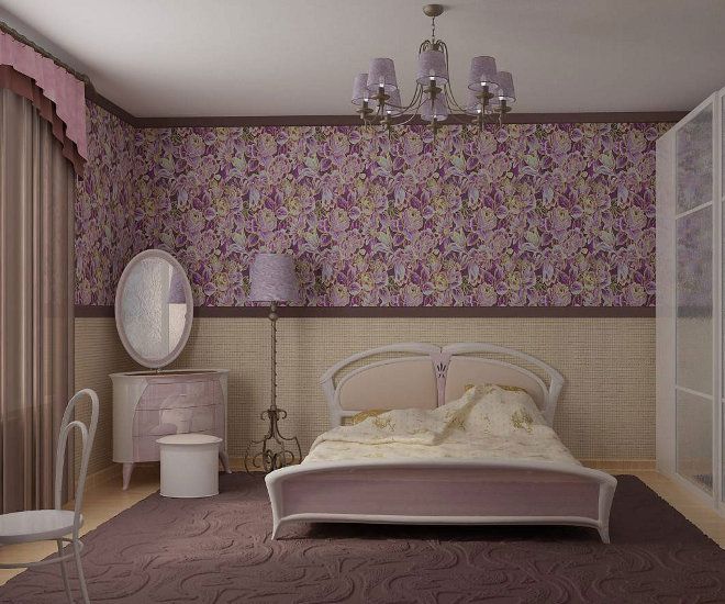 Дизайн обоев для спальни комбинированные 2 видов с цветами