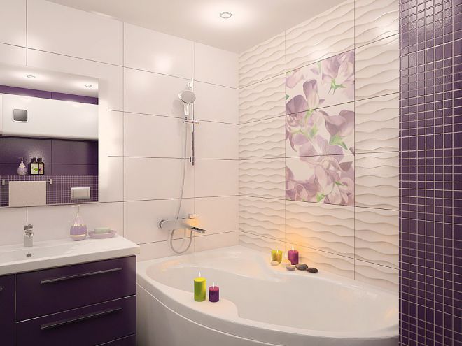 Дизайн плитки в ванной комнате - сочетание: белая, зеленая, под дерево .