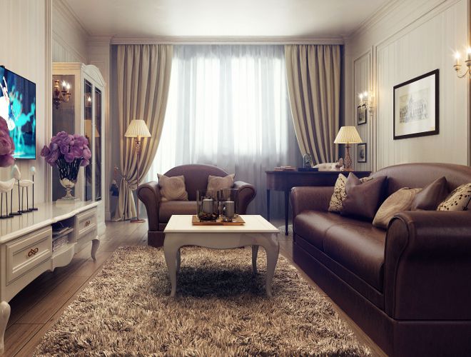 гостиная современная классика диван коричневый