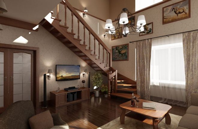Дизайн - кухня гостиная с лестницей