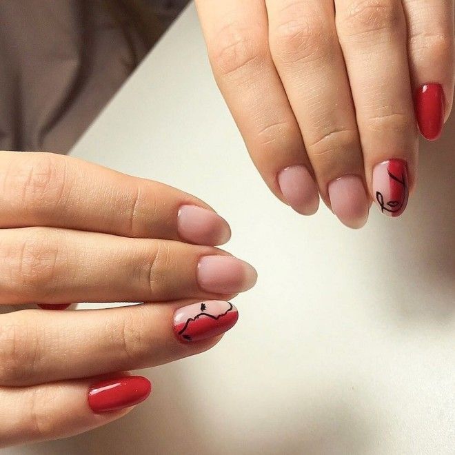 Красный маникюр на короткие ногти овальной формы пять