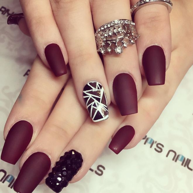 Matte burgundy manicure with a pattern two