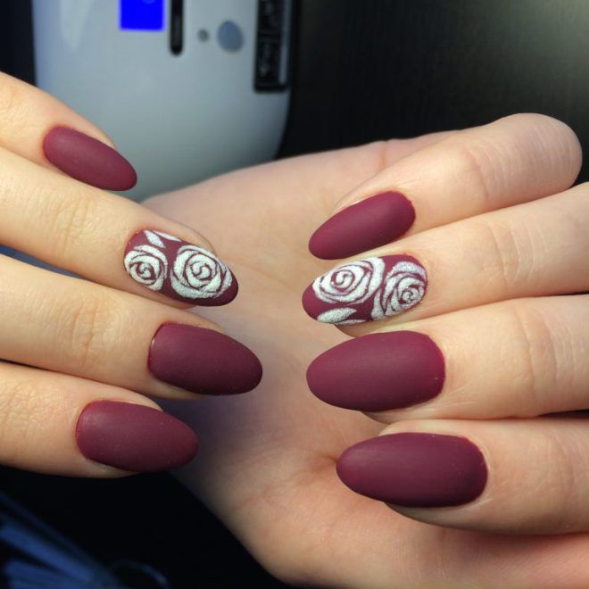 Matte burgundy manicure with pattern four
