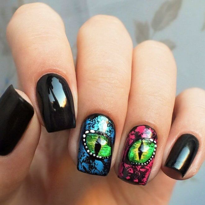 Black manicure with a pattern of times