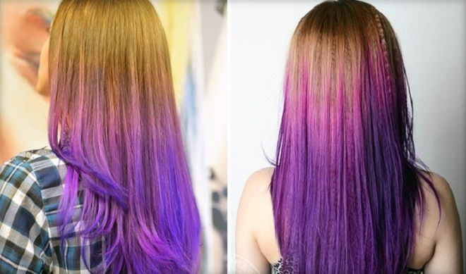 фиолетовое омбре на длинных волосах