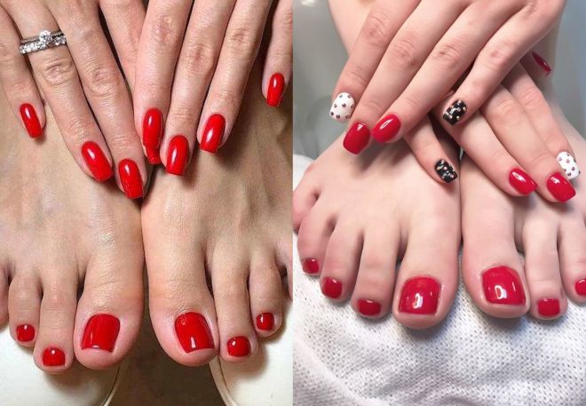 red manicure and pedicure in the same style