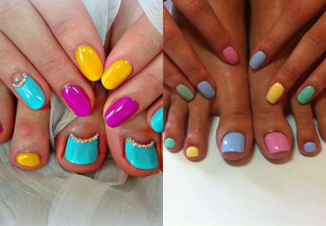 manicure and pedicure in different colors
