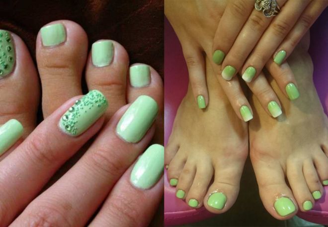 green pedicure and manicure in one style