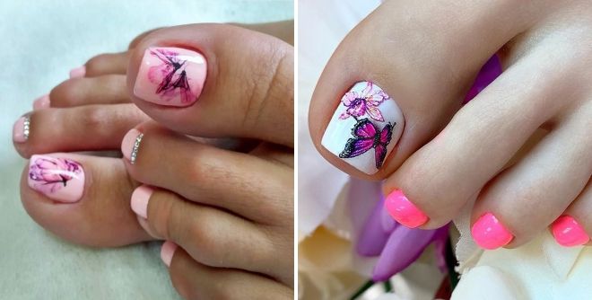 pedicure with butterflies and rhinestones summer design