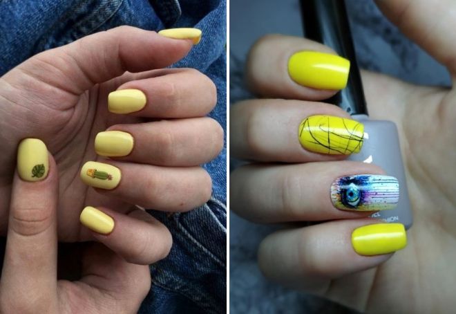 желтый маникюр с дизайном на квадратные ногти