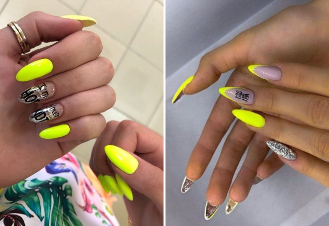 neon yellow manicure with summer design