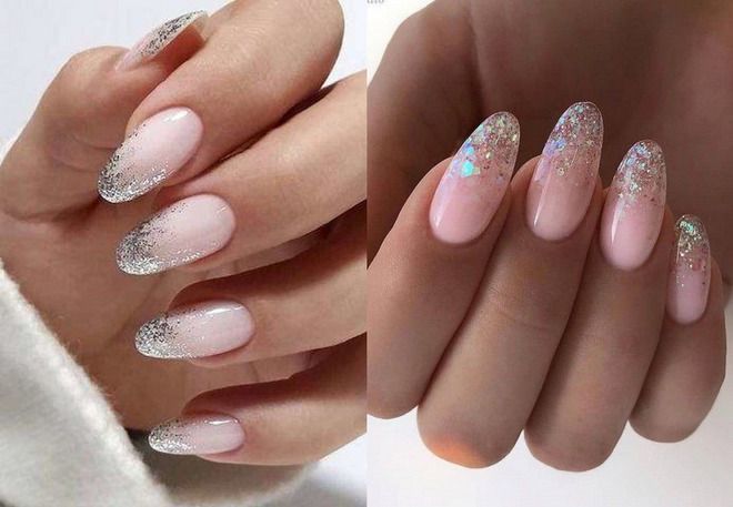 milky summer manicure with sparkles on almonds