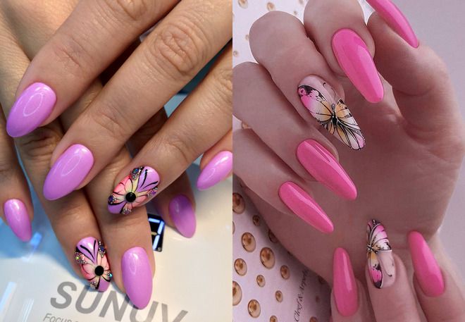 summer manicure on almond shape with butterflies