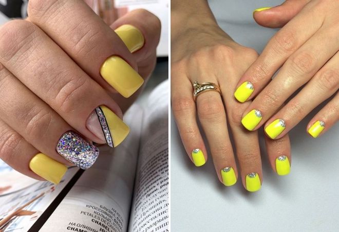 yellow glitter manicure