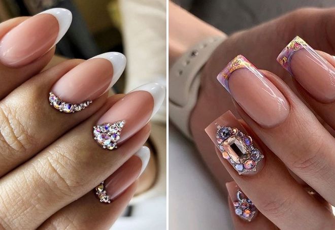 spring manicure french with rhinestones