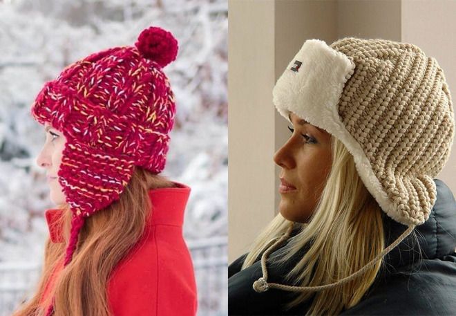 женские зимние вязаные шапки ушанки