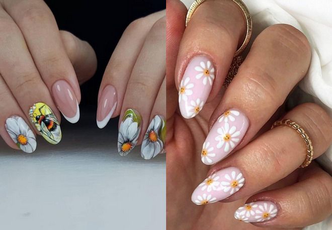 summer manicure with white daisies