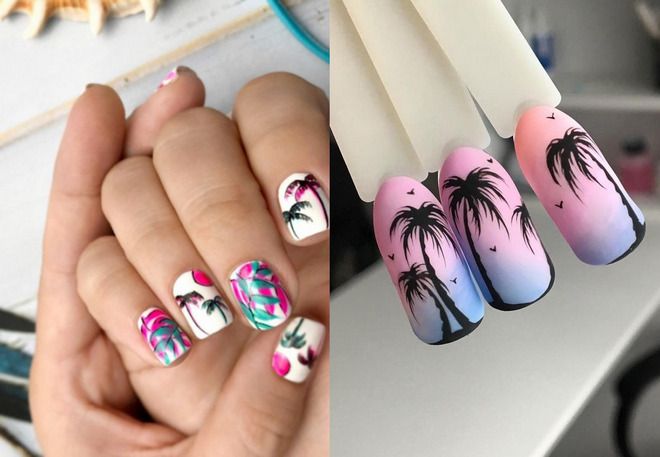 summer manicure 2022 with a palm tree on the sea