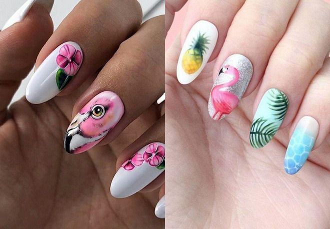 summer manicure with flamingos 2022