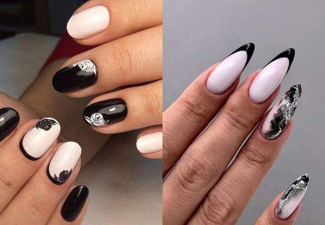 summer black and white French manicure with rhinestones