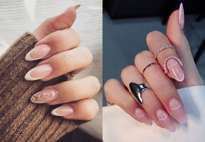 french manicure with design for almond-shaped nails