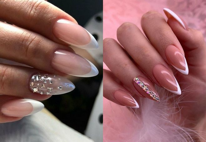 french manicure with rhinestones