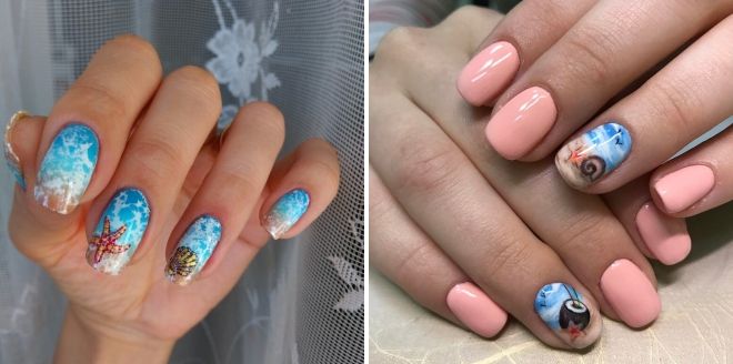 summer manicure for short nails in a marine style