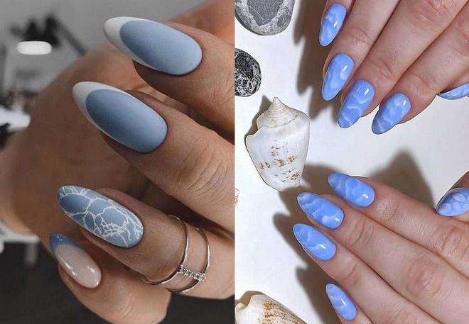 голубой дизайн ногтей миндаль на лето 2022
