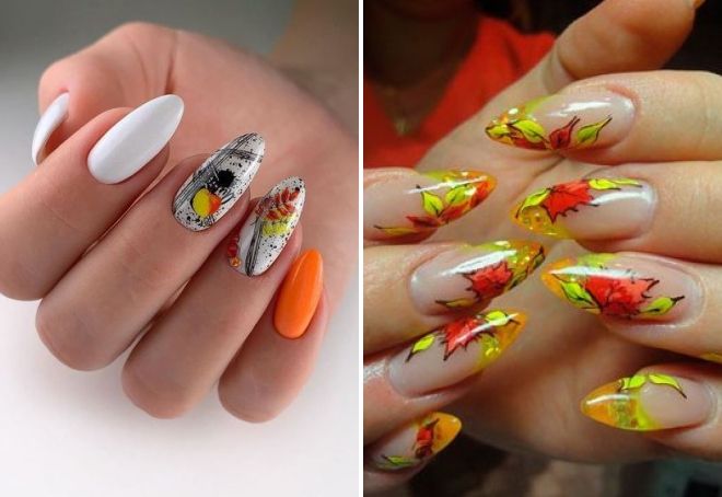 autumn manicure with leaves on almond-shaped nails