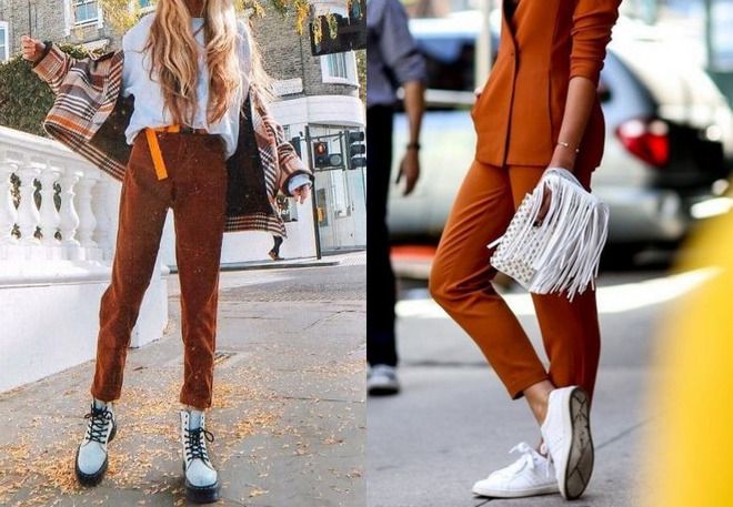 оранжевые брюки с белыми ботинками