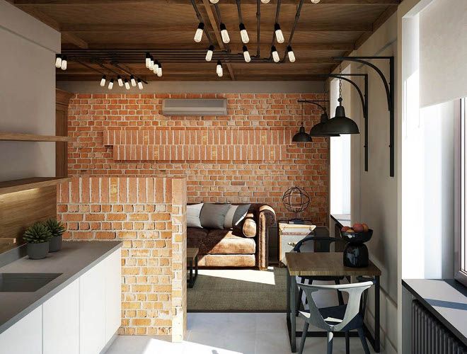 дизайн кухни гостиной в стиле лофт часть стены