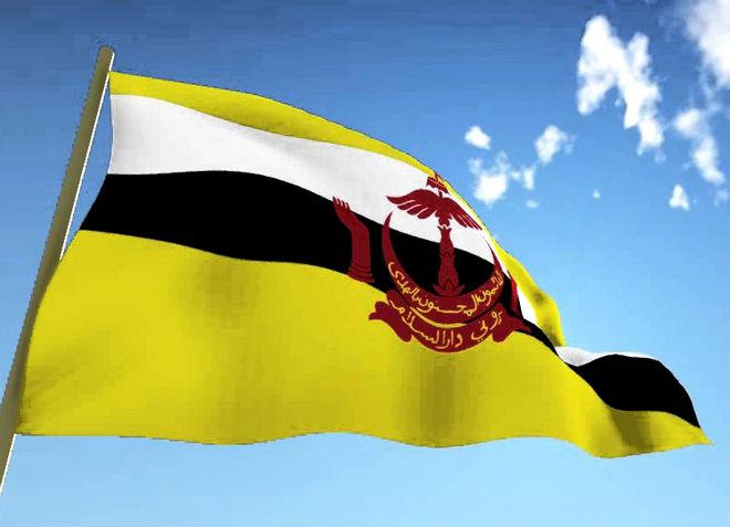 Флаг Брунея развивающийся на мосту 