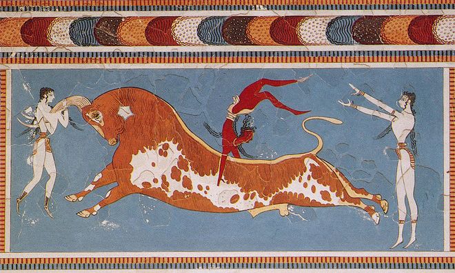 Фреска Акробаты с быком, найденная в Кносском дворце